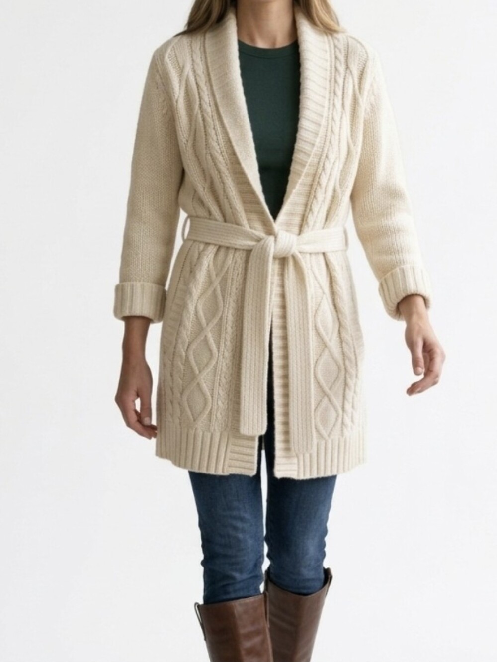 Talbots Cream Alpaca Merino Wool Blend Cable Knit Belted Cardigan Robe Sweater